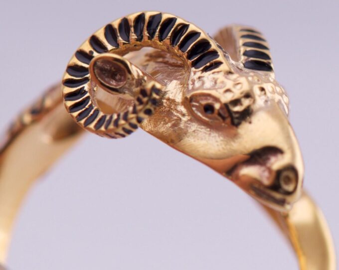 Rare Antique Victorian Ring Ram Head 9k Gold Black Enamel Ornate Occult/Zodiac