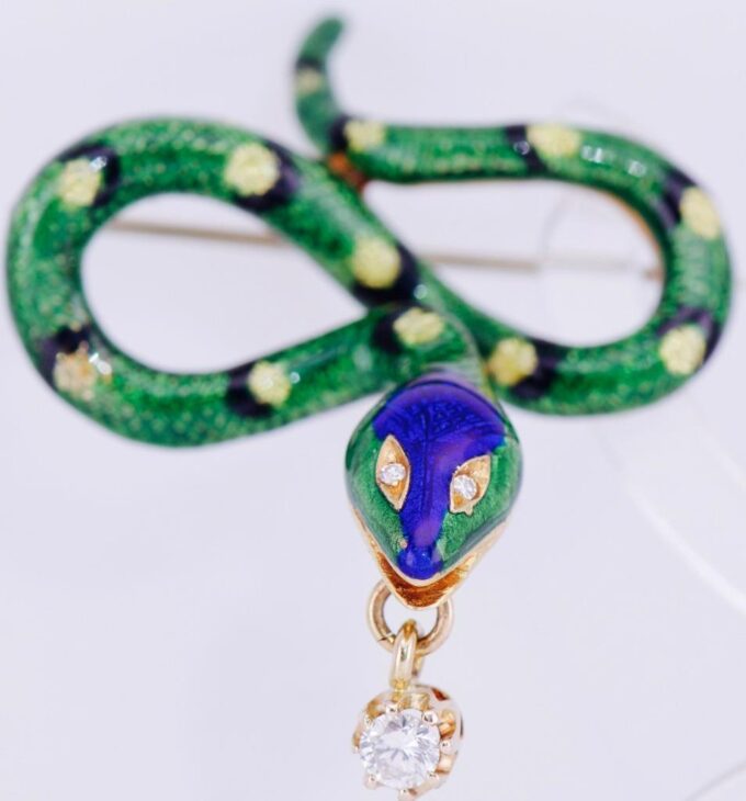 Amazing Antique French Snake Brooch 18k Gold Enamel and Diamond c1930's-Boxed