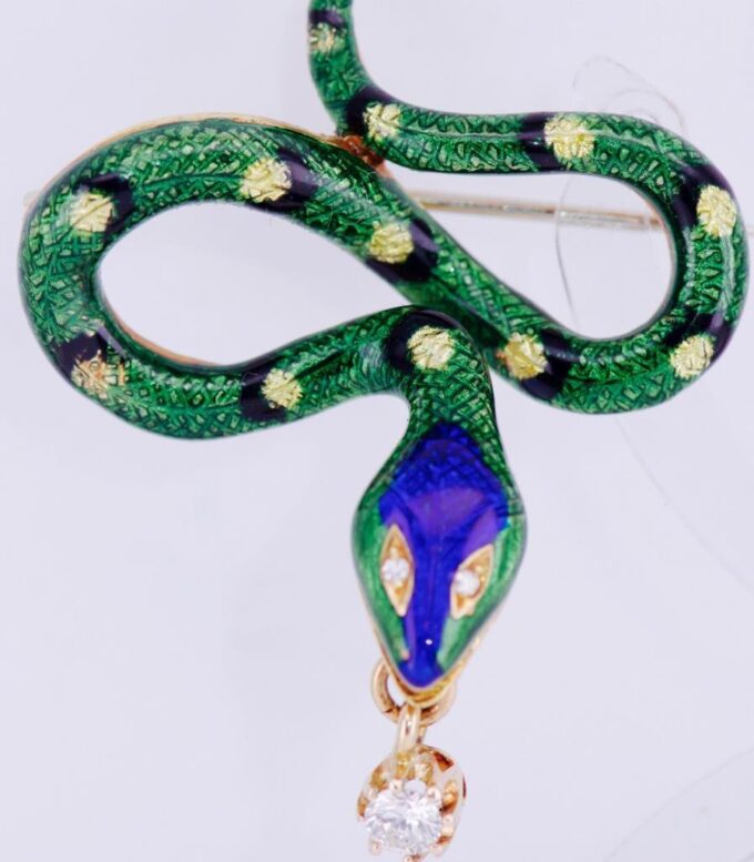 Amazing Antique French Snake Brooch 18k Gold Enamel and Diamond c1930's-Boxed