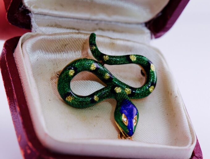 Amazing Antique French Snake Brooch 18k Gold Enamel and Diamond c1930's-Boxed