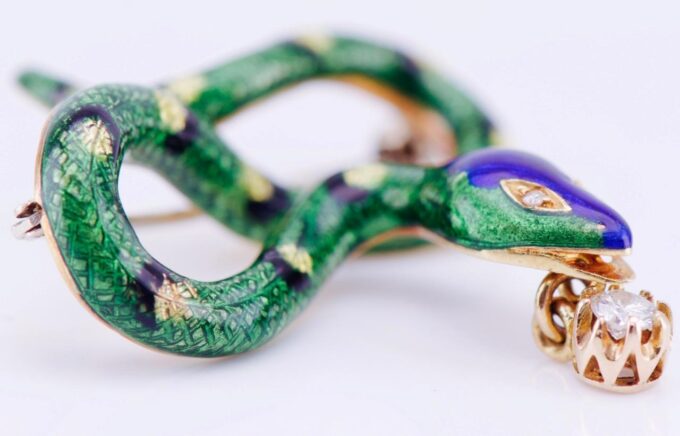 Amazing Antique French Snake Brooch 18k Gold Enamel and Diamond c1930's-Boxed