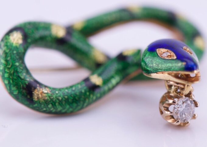 Amazing Antique French Snake Brooch 18k Gold Enamel and Diamond c1930's-Boxed