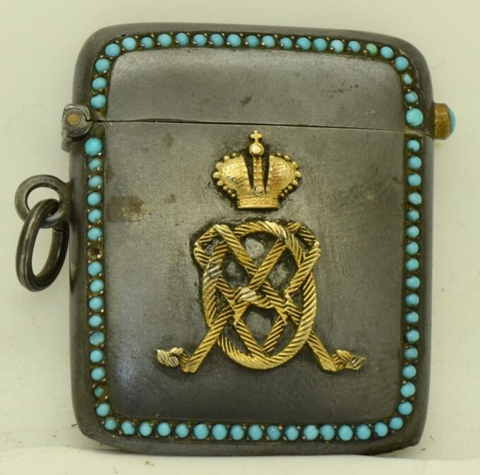 Antique Empire Match Holder Vesta Case Gunmetal Turquoise Stones Royal Estate