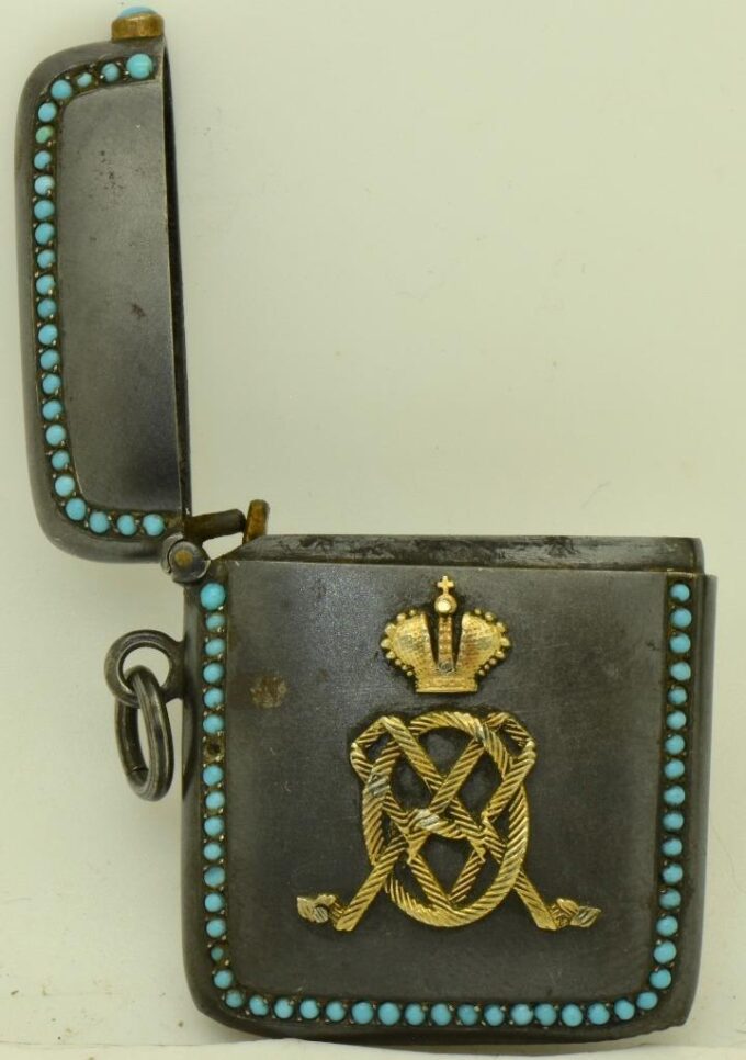 Antique Empire Match Holder Vesta Case Gunmetal Turquoise Stones Royal Estate