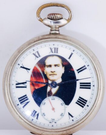 Antique Turkish Railroad Officer Pocket Watch Enamel Dial Ataturk-Chased Case