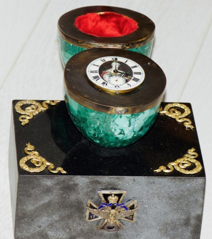 Antique Imperial Presentation Desk Clock-Malachite Easter Egg-Empress Catherine