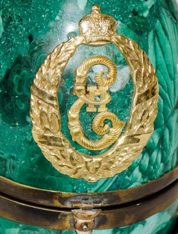 Antique Imperial Presentation Desk Clock-Malachite Easter Egg-Empress Catherine