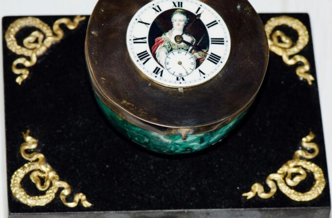 Antique Imperial Presentation Desk Clock-Malachite Easter Egg-Empress Catherine