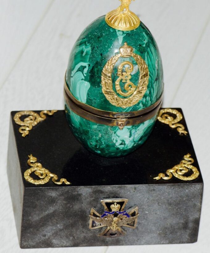 Antique Imperial Presentation Desk Clock-Malachite Easter Egg-Empress Catherine