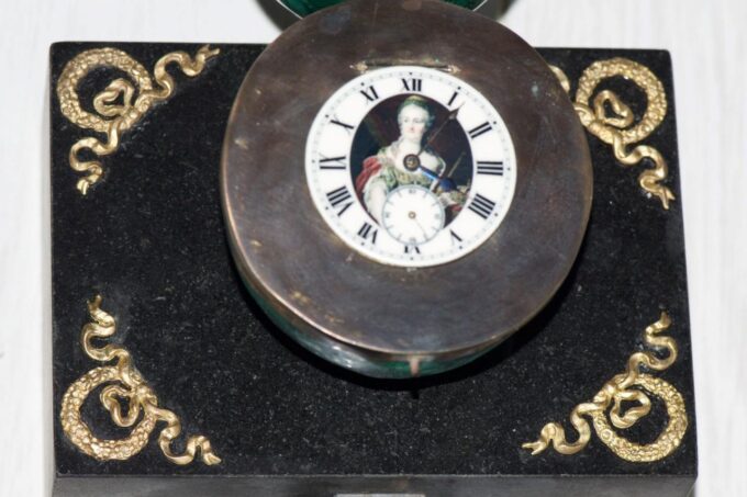 Antique Imperial Presentation Desk Clock-Malachite Easter Egg-Empress Catherine