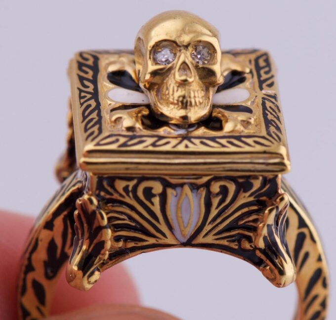 Antique Victorian CHEST Poison Skull Occultist Locket Ring Ornate 9k Gold Enamel