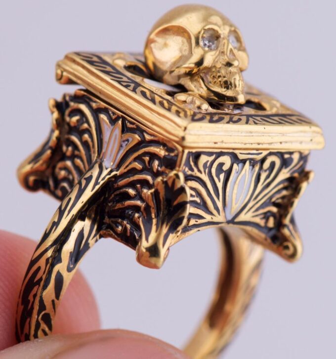 Antique Victorian CHEST Poison Skull Occultist Locket Ring Ornate 9k Gold Enamel