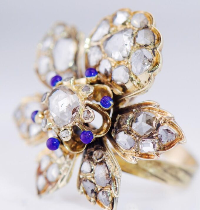 Antique Victorian 18k Gold Floral Ring c1850s – 5ct Diamonds Enamel Size 5.5