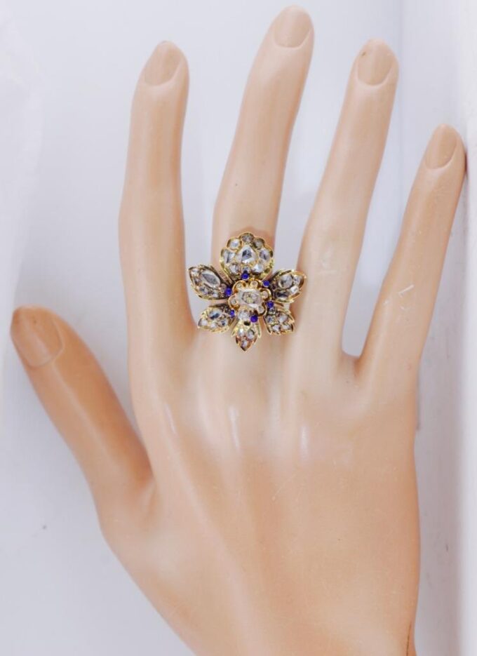 Antique Victorian 18k Gold Floral Ring c1850s – 5ct Diamonds Enamel Size 5.5