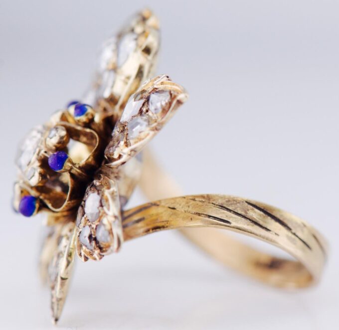 Antique Victorian 18k Gold Floral Ring c1850s – 5ct Diamonds Enamel Size 5.5