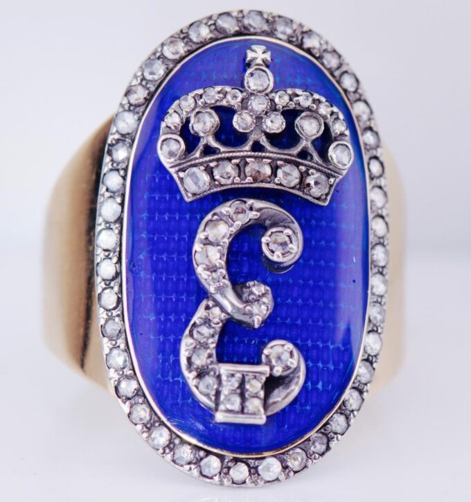 Antique Empire Award Ring 14k Gold Enamel Diamond-Empress Catherine II Monogram