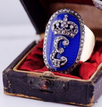 Antique Empire Award Ring 14k Gold Enamel Diamond-Empress Catherine II Monogram