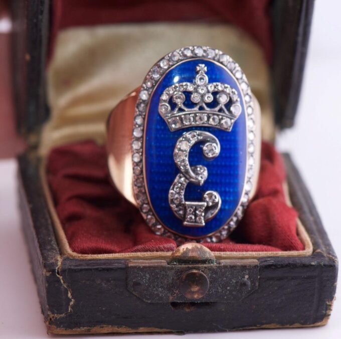 Antique Empire Award Ring 14k Gold Enamel Diamond-Empress Catherine II Monogram