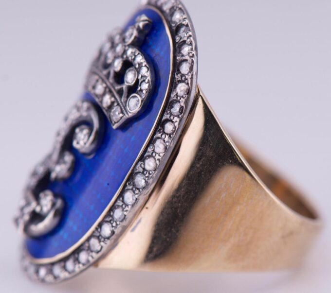 Antique Empire Award Ring 14k Gold Enamel Diamond-Empress Catherine II Monogram