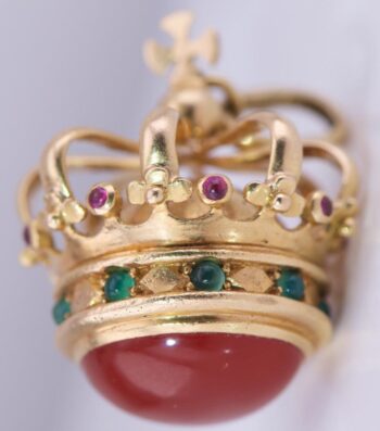 Antique FABERGE Coronation Crown Pendant 18k Gold Emeralds Ruby Carnelian Stone