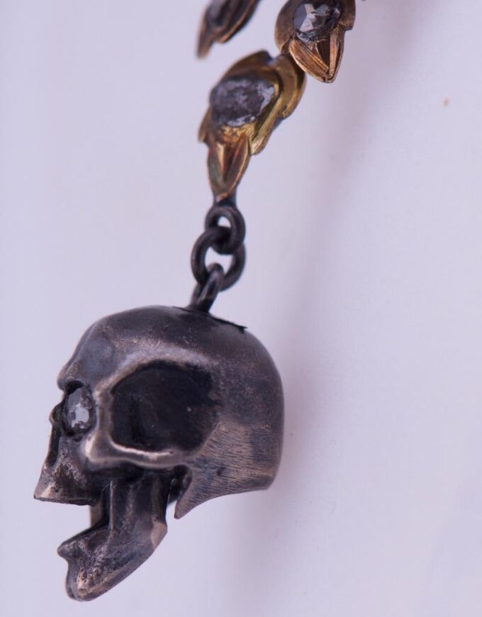 Antique Victorian Pendant Fob Memento Mori 18k Gold 2ct Diamond and Silver Skull