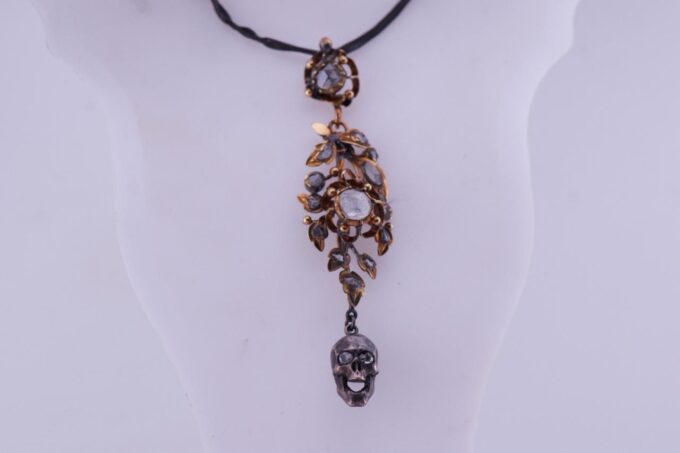 Antique Victorian Pendant Fob Memento Mori 18k Gold 2ct Diamond and Silver Skull