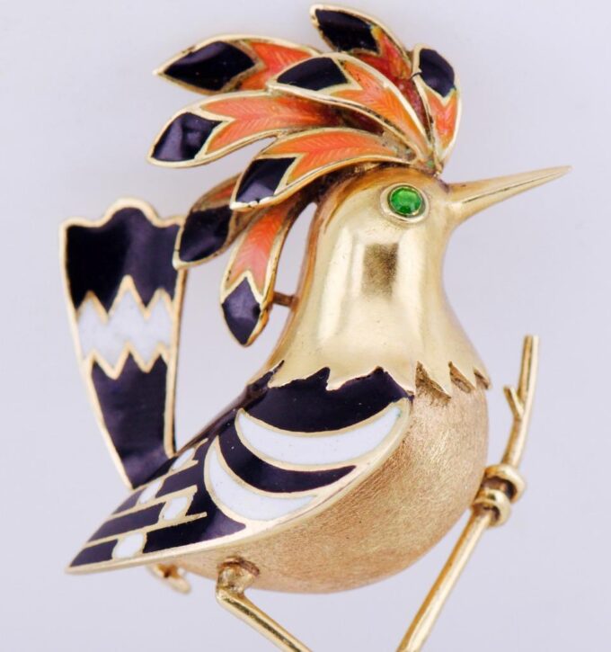 Antique French Ladies Brooch Bird of Paradise 18k Gold Enamel Art-Deco c1930's