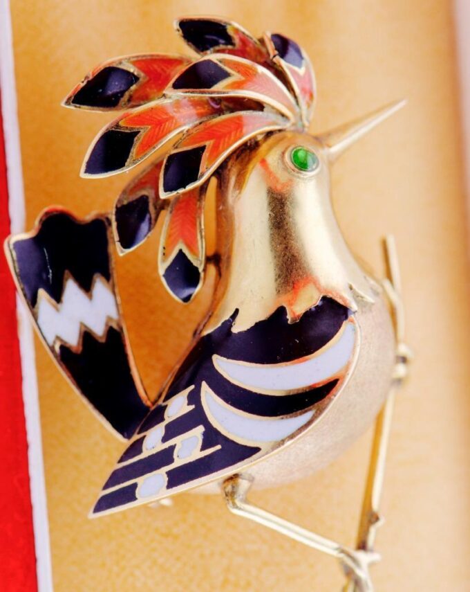 Antique French Ladies Brooch Bird of Paradise 18k Gold Enamel Art-Deco c1930's