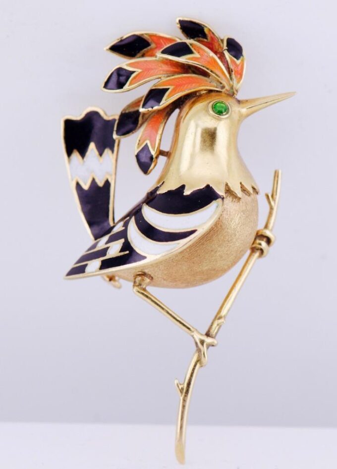 Antique French Ladies Brooch Bird of Paradise 18k Gold Enamel Art-Deco c1930's