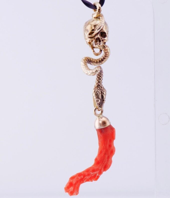 Victorian 14k Gold Memento Mori Skull Snake Hand Carved Red Coral Pendant c 1868