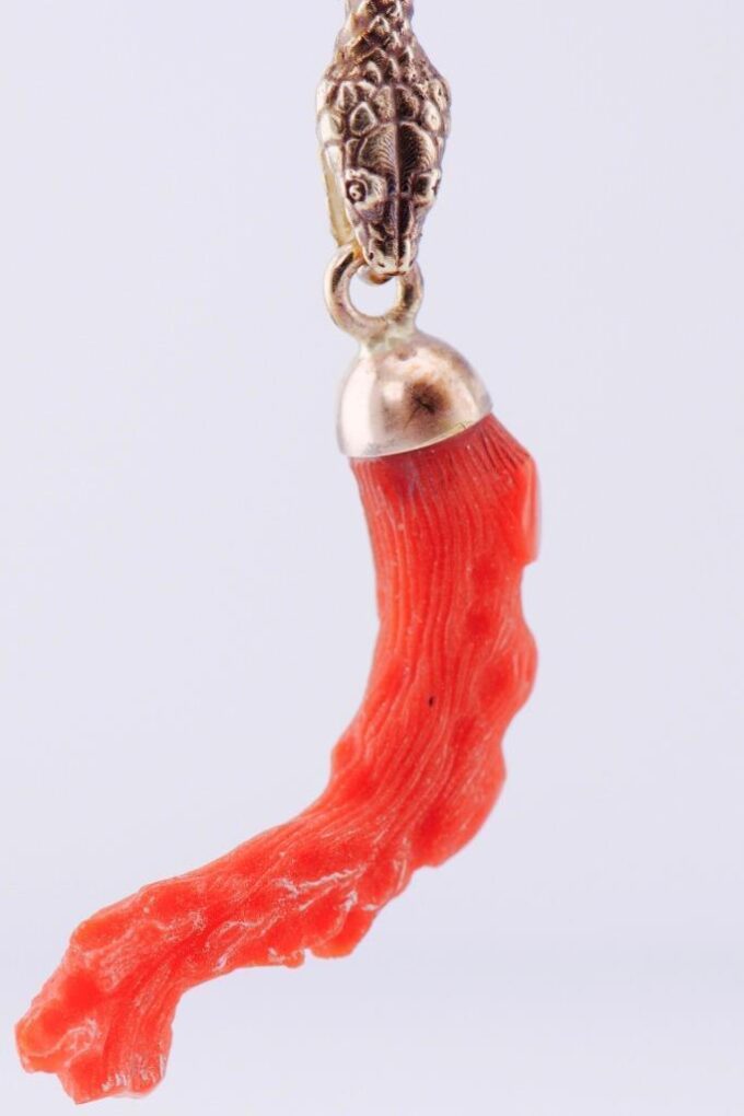 Victorian 14k Gold Memento Mori Skull Snake Hand Carved Red Coral Pendant c 1868