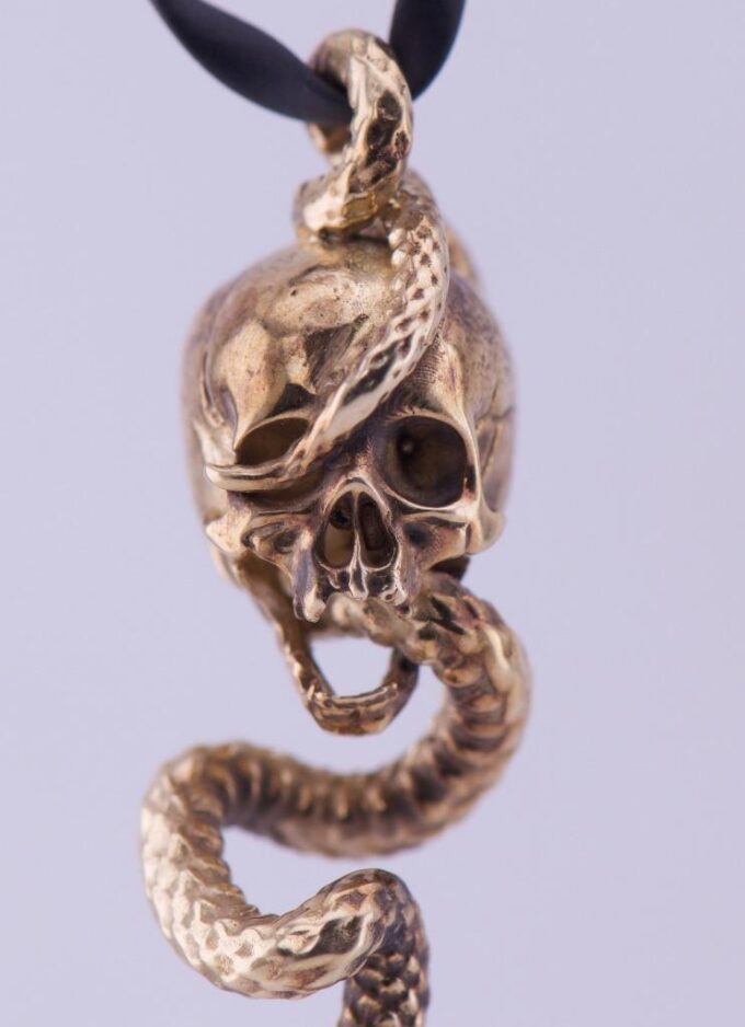 Victorian 14k Gold Memento Mori Skull Snake Hand Carved Red Coral Pendant c 1868