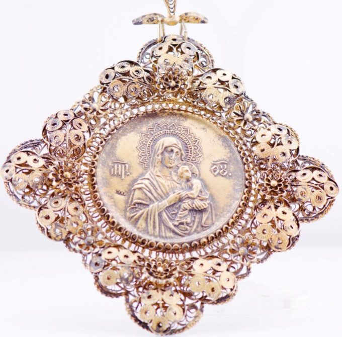 Vintage Orthodox Christian Pendant Hand Made Filigree 1000 Purity Silver Gilt