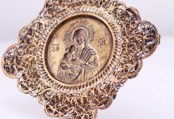 Vintage Orthodox Christian Pendant Hand Made Filigree 1000 Purity Silver Gilt