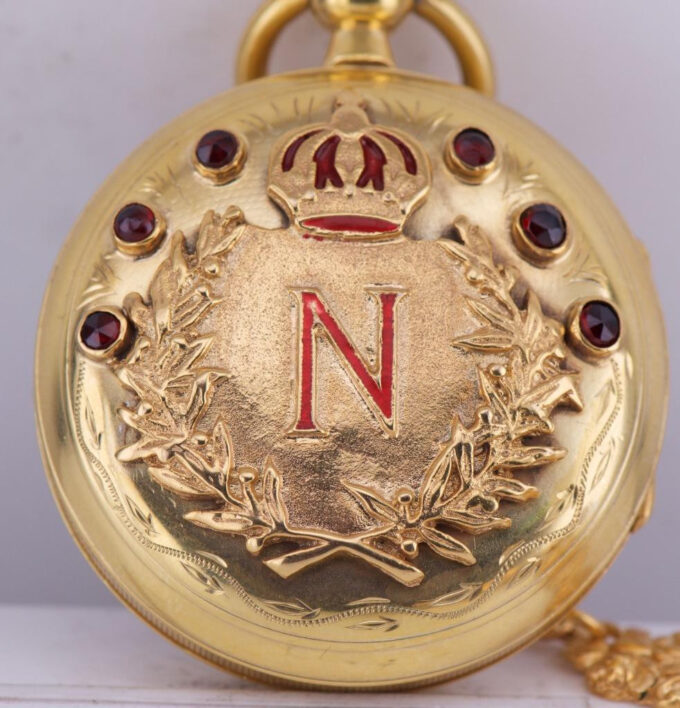 Antique Pocket Watch-Napoleon I Era Verge Fusee Gilt Enamel Precious Stones Case