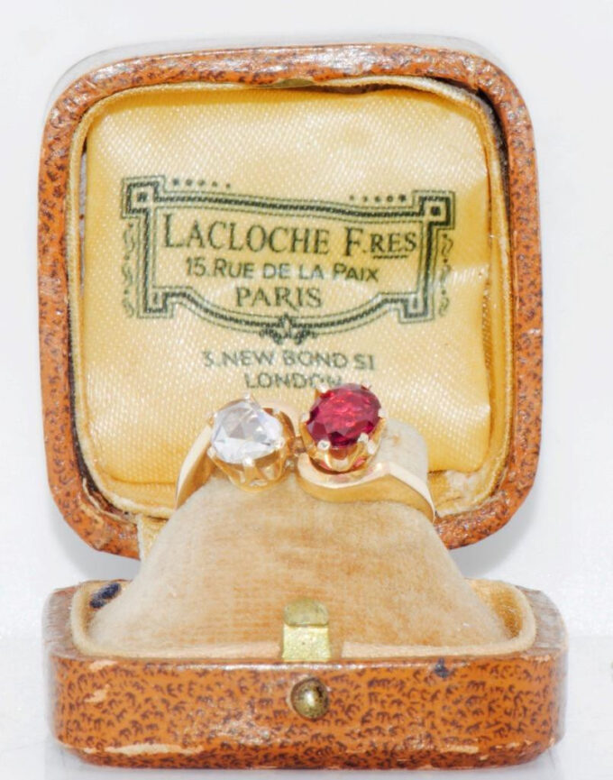 Antique French Ladies Love Ring Toi-et-Moi Diamond Ruby 18k Gold c1900's