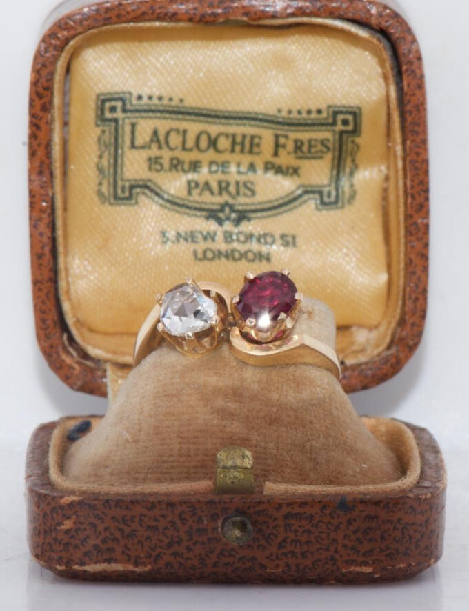 Antique French Ladies Love Ring Toi-et-Moi Diamond Ruby 18k Gold c1900's