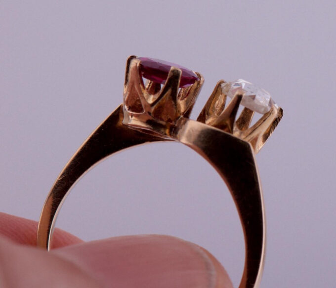 Antique French Ladies Love Ring Toi-et-Moi Diamond Ruby 18k Gold c1900's