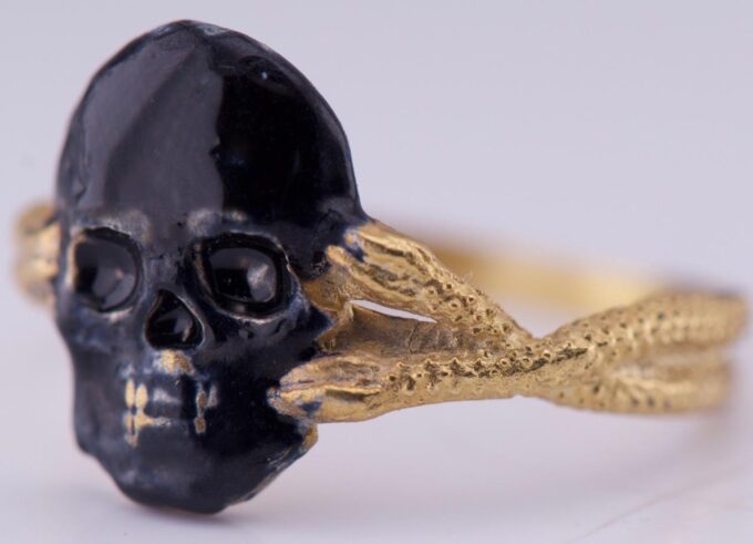 Antique Victorian Memento Mori Skull and Snakes Men’s Ring c1890s Gilt Silver