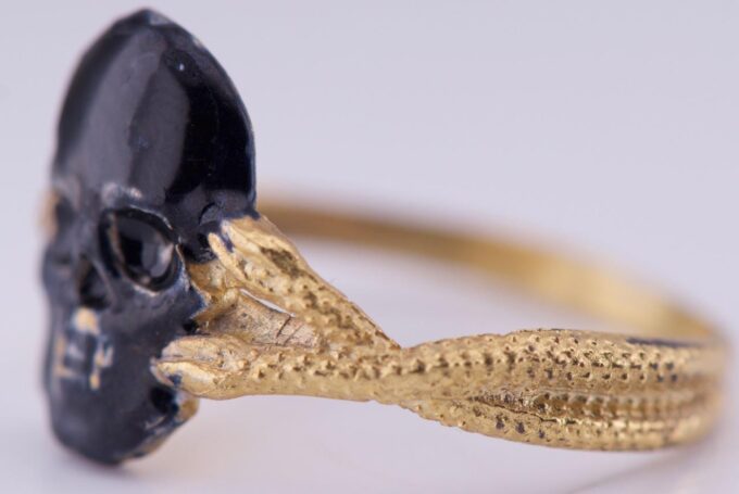 Antique Victorian Memento Mori Skull and Snakes Men’s Ring c1890s Gilt Silver