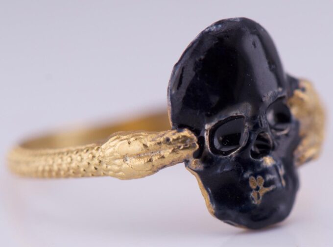 Antique Victorian Memento Mori Skull and Snakes Men’s Ring c1890s Gilt Silver