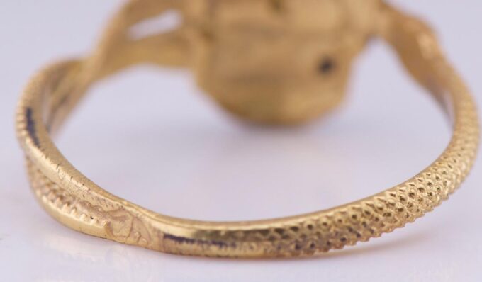 Antique Victorian Memento Mori Skull and Snakes Men’s Ring c1890s Gilt Silver