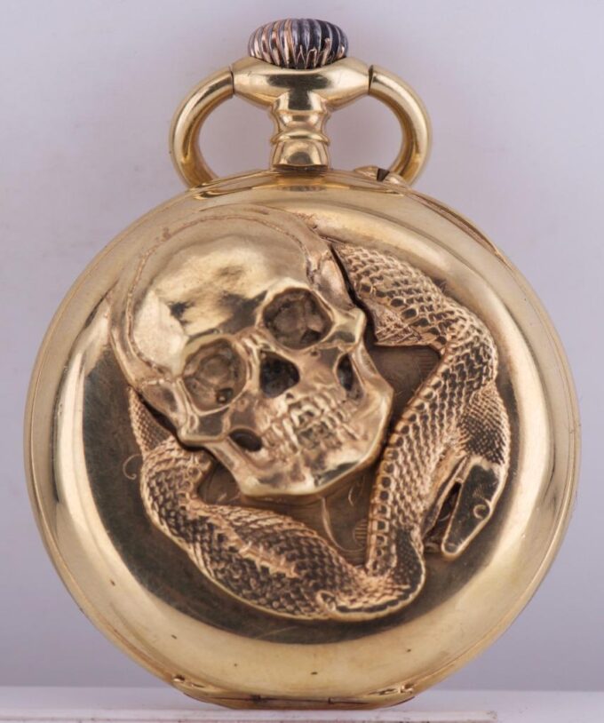 Antique French Occultist Pocket Watch Memento Mori Skull Ouroboros Snake Case