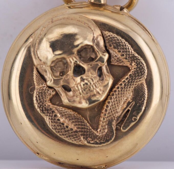 Antique French Occultist Pocket Watch Memento Mori Skull Ouroboros Snake Case