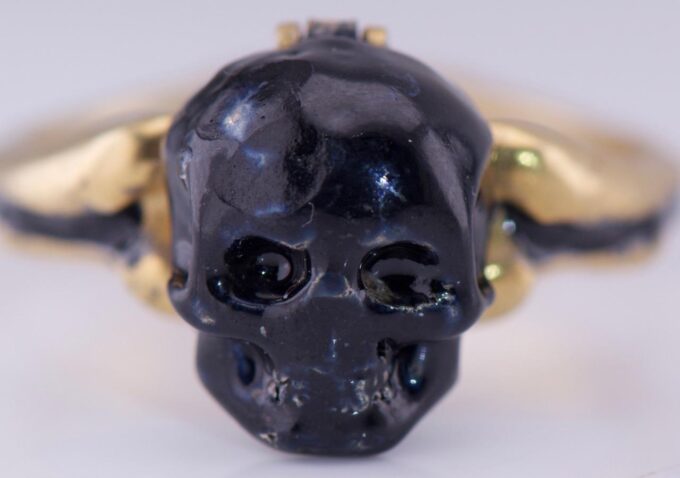 Antique Victorian Poison Skull Occultist Locket Ring Gilt Silver Black Enamel