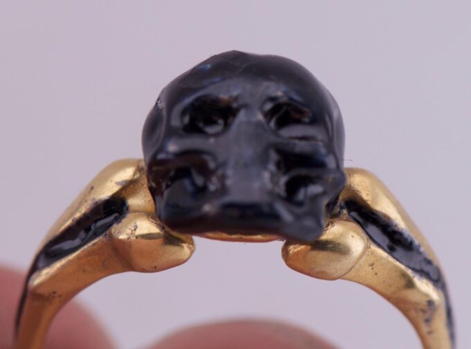 Antique Victorian Poison Skull Occultist Locket Ring Gilt Silver Black Enamel