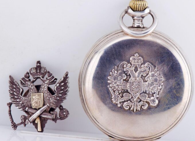 Antique Imperial Moser Award Full Hunter Silver Case Pocket Watch and Badge 1890