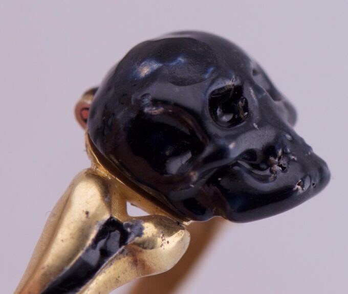 Antique Victorian Poison Skull Occultist Locket Ring Gilt Silver Black Enamel