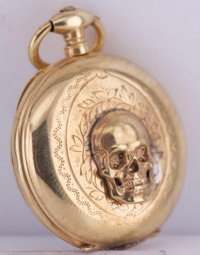 Antique French Occultist Pocket Watch Memento Mori Skull-18k Gilt Silver Case