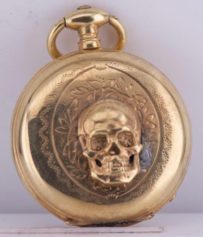 Antique French Occultist Pocket Watch Memento Mori Skull-18k Gilt Silver Case